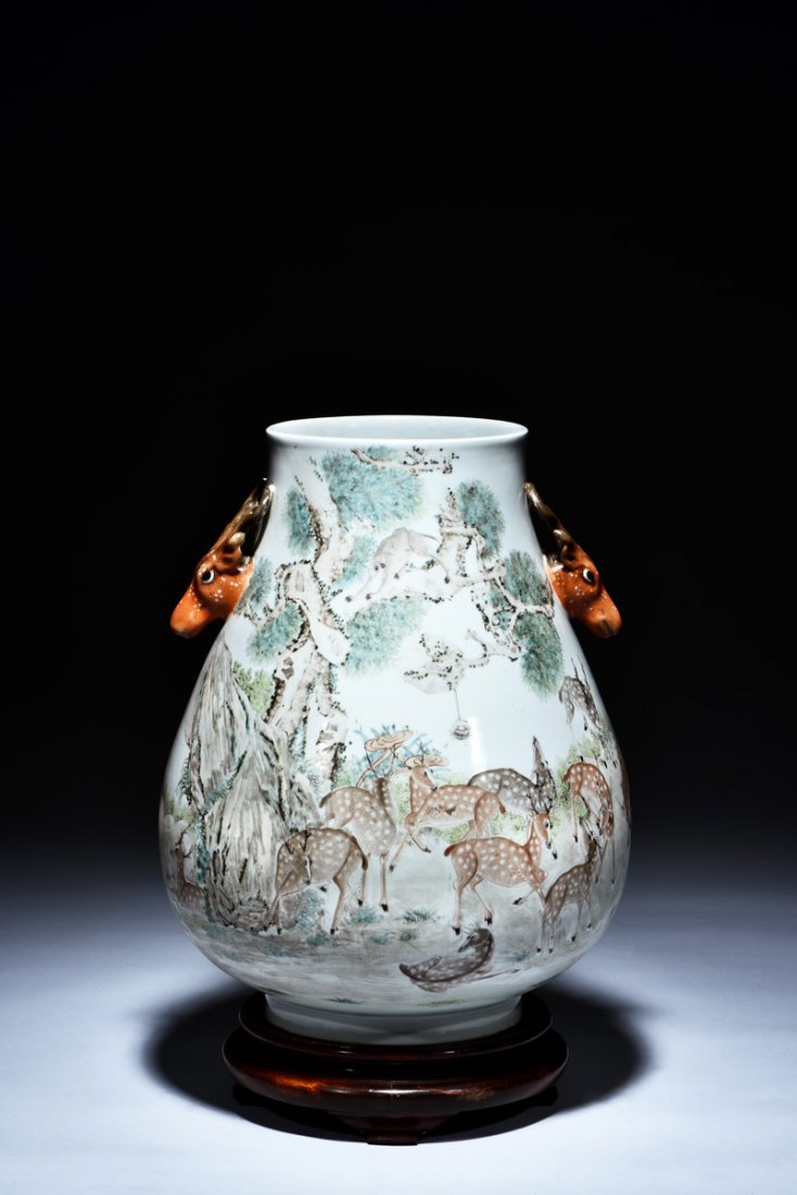 FAMILLE ROSE VASE WITH DEER HANDLES (1 of 10)