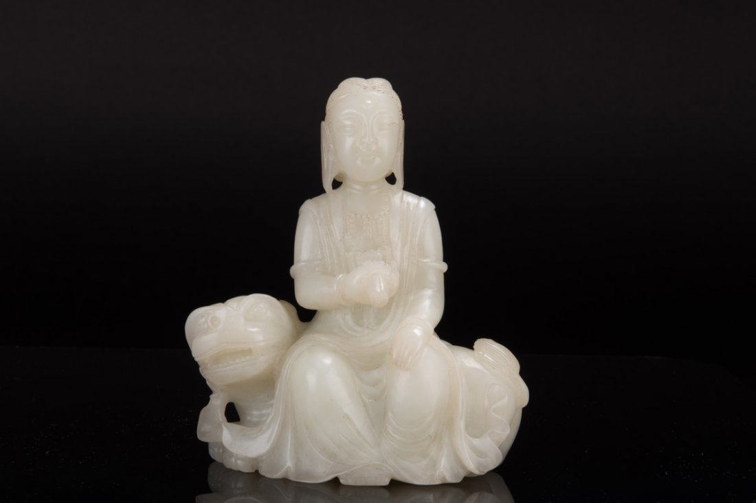 WHITE JADE CARVED GUANYIN AND BEAST FIGURE (1 of 8)