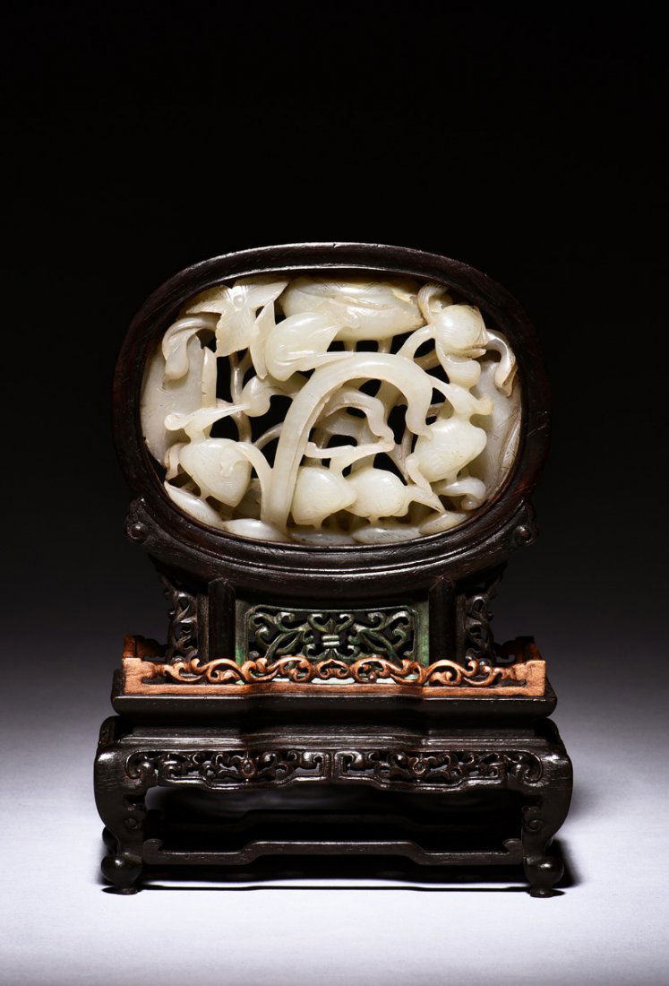 CARVED WHITE JADE INSET ZITAN SMALL SCREEN (1 of 5)