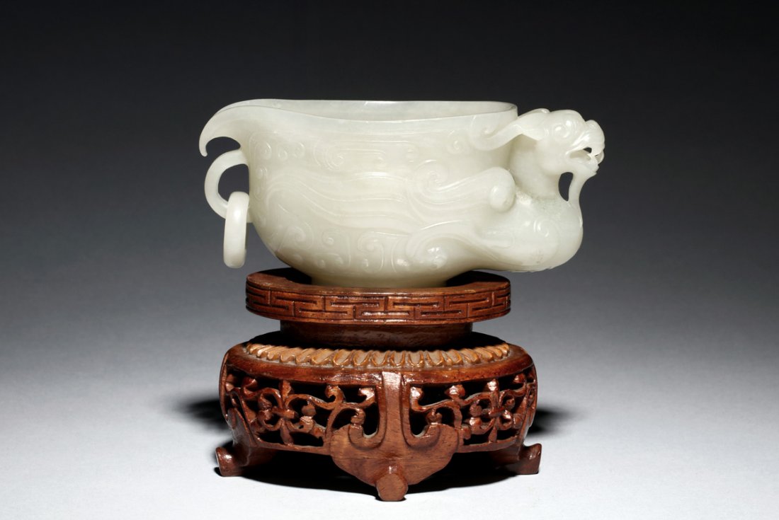 WHITE JADE CARVED 'MYTHICAL BEAST' CUP WITH STAND (1 of 7)