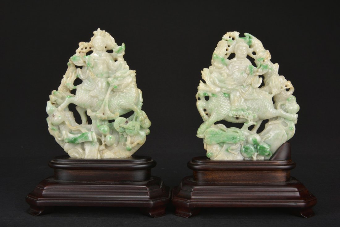 PAIR OF CARVED JADEITE FIGURES, QILIN (1 of 8)