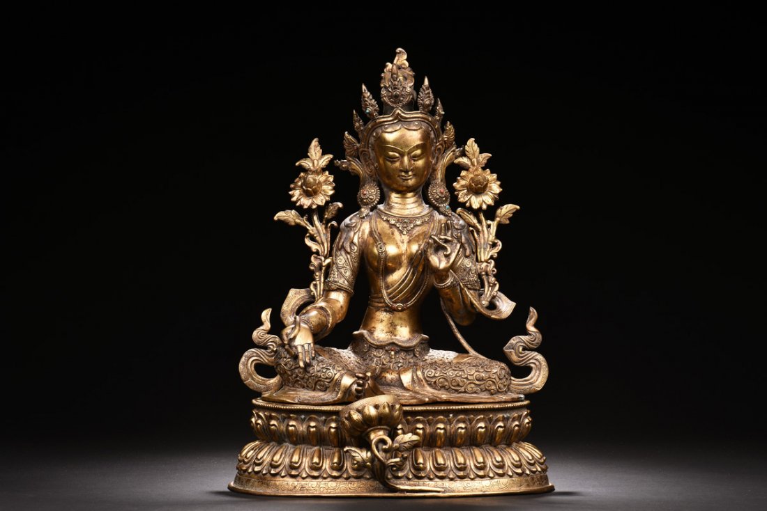 GILT BRONZE GREEN TARA SEATED FIGURE (1 of 7)