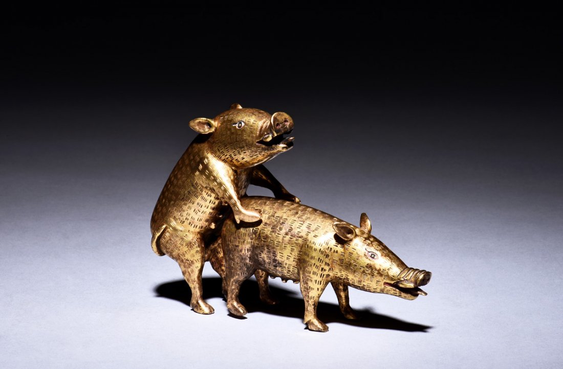 TWO GILT BRONZE 'PIGS' FIGURES (1 of 5)