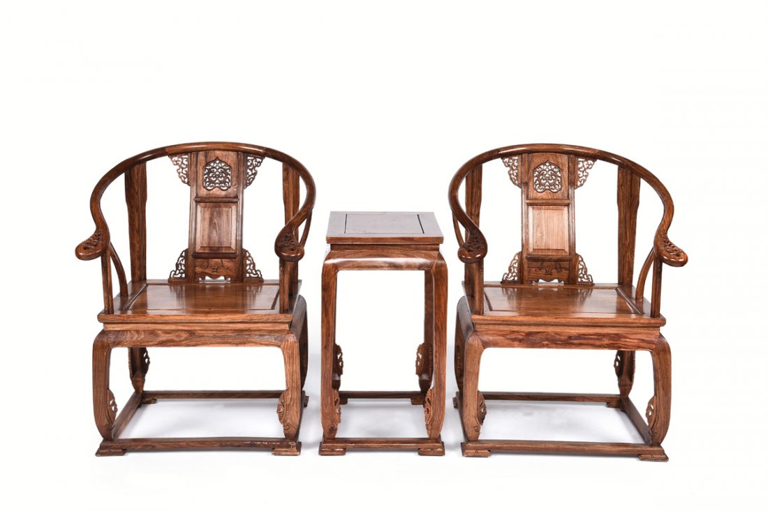 SET OF HUANGHUALI WOOD HORSESHOE CHAIRS AND STAND (1 of 10)