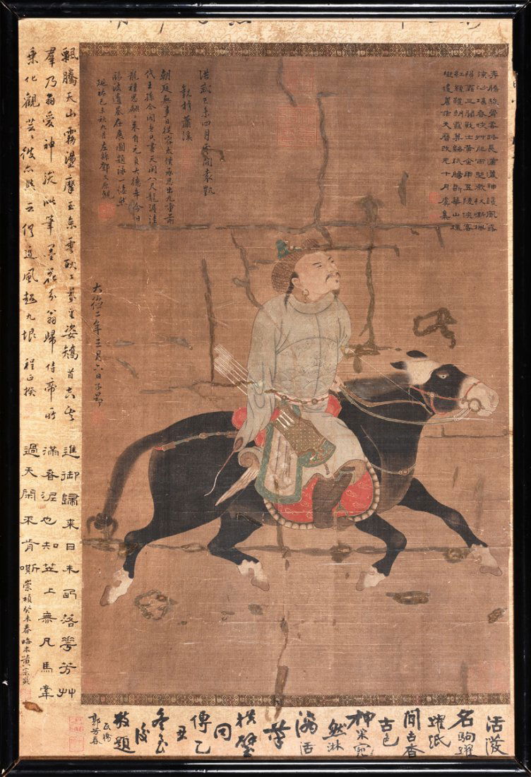 FRAMED ANTIQUE INK AND COLOR ON SILK 'HUNTER' PAINTING (1 of 10)