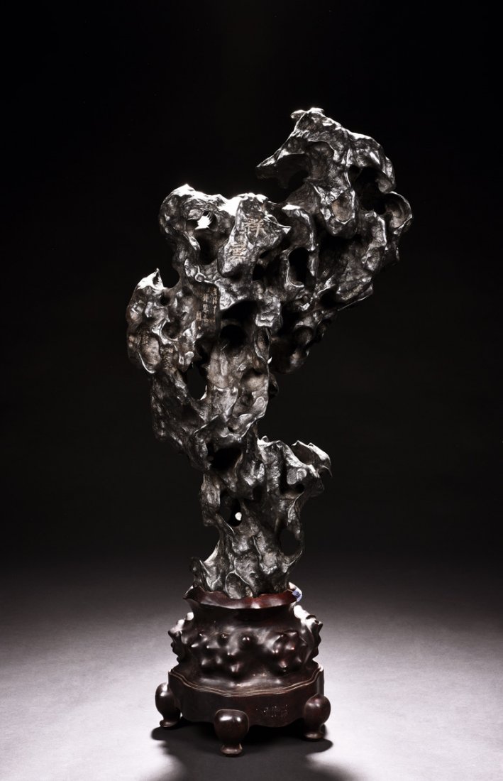 LINGBI SCHOLAR'S STONE WITH INSCRIPTION AND STAND (1 of 8)