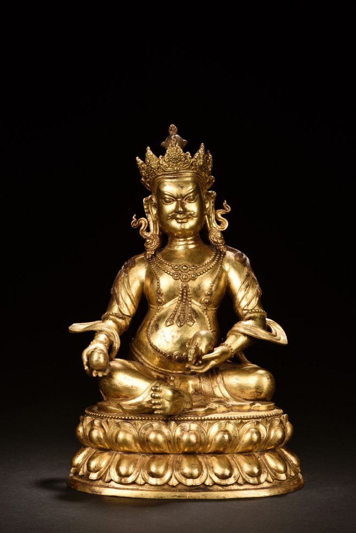 LARGE GILT BRONZE SEATED JAMBHALA FIGURE (1 of 8)