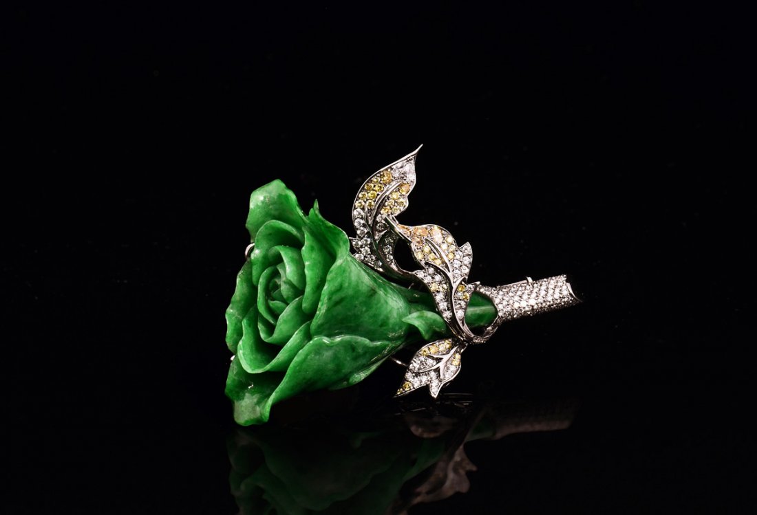 JADEITE CARVED ROSE FLOWER WITH 18K WHITE GOLD AND (1 of 2)