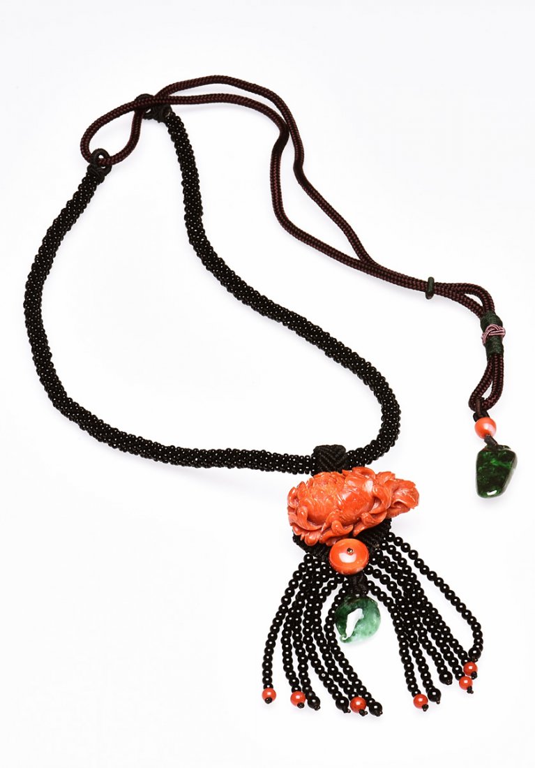 ORANGE RED CORAL AND JADEITE NECKLACE (1 of 7)