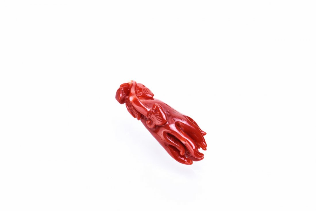 RED CORAL BUDDHA HANDS WITH GANODERMA LUCIDUM ORNAMENT (1 of 2)