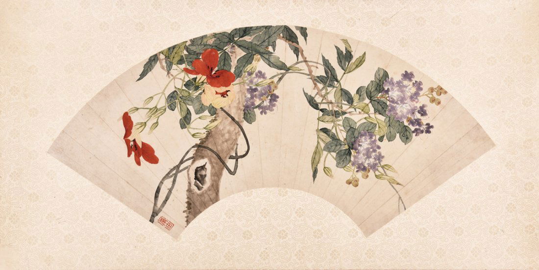 INK AND COLOR 'FLOWERS' ON FAN LEAF (1 of 5)