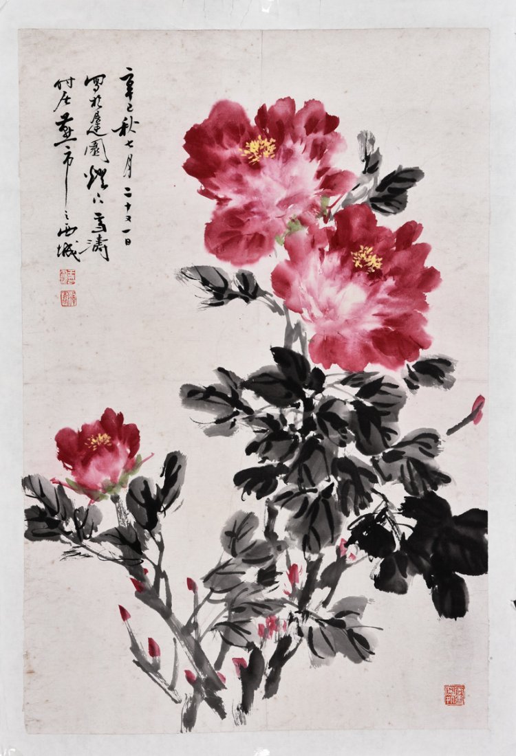 WANG XUETAO: INK AND COLOR ON PAPER PAINTING: Ink and color on paper, leaflet. The painting depicts peony flowers blossom, with some flowers still in bulbs, artist signature and mark Wang Xuetao on top left, additional mark on bottom right. Lengt