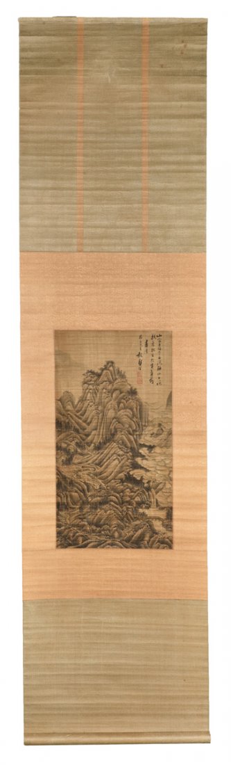 GONG XIAN: INK ON SILK 'MOUNTAINS' PAINTING (1 of 7)