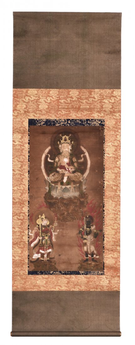 INK AND ON PAPER 'GUANYIN' PAINTING: Ink and color on paper, mounted. The painting depicts Guanyin seated in the center in lalitasana on top of lotus throne, one hand held at chest level with a lotus flower, the other hand raised slightl