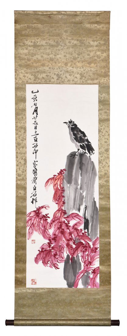 INK AND COLOR ON PAPER "FLOWERS AND BIRD' PAINTING (1 of 6)