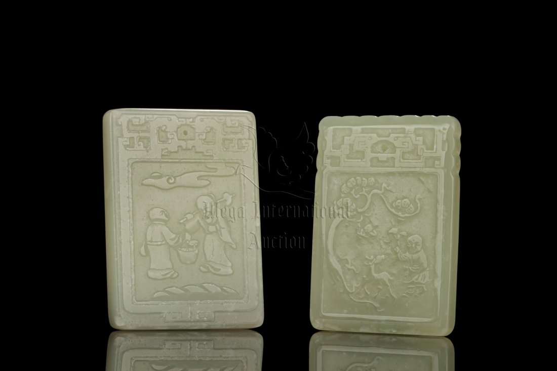 TWO JADE CARVED 'PEOPLE' PLAQUES (1 of 6)