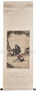 ZHANG FENG: INK AND COLOR ON PAPER PAINTING: Ink and color on paper, vertical scroll. The painting depicts two famous warriors from the Three Kingdoms period, Guan Yu and Zhou Cang, reading book in an outside landscape setting, artist signature