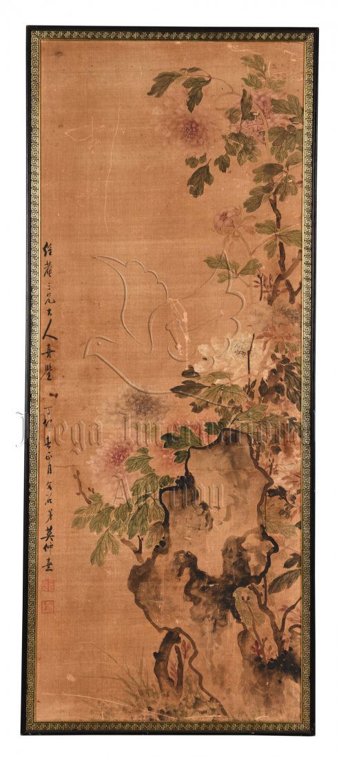 FRAMED INK AND COLOR ON SILK 'FLOWERS' PAINTING (1 of 5)