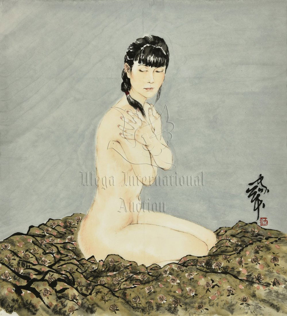 HE JIAYING: INK AND COLOR ON PAPER PAINTING 'BARE GIRL' (1 of 4)