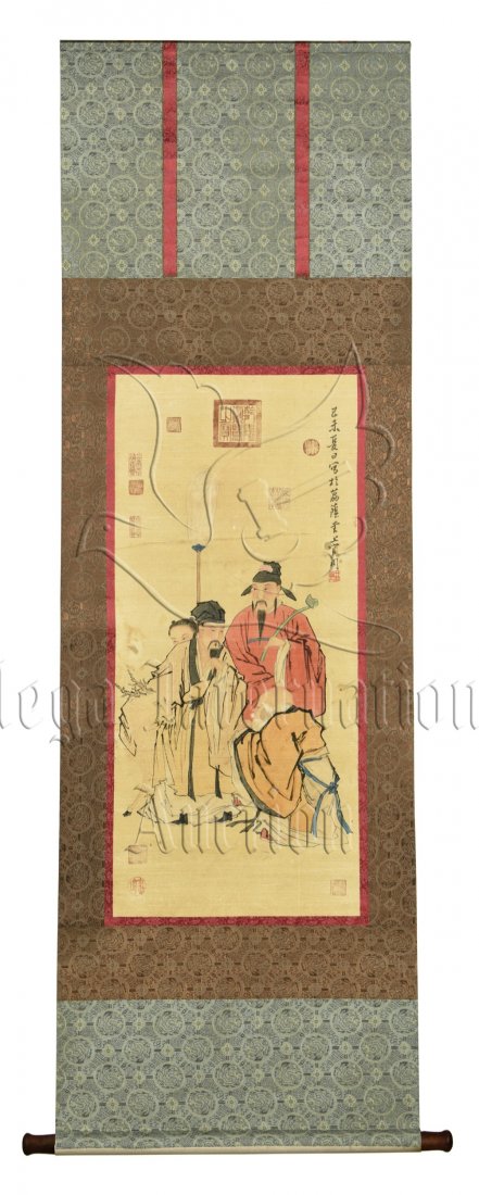 SHANGGUAN ZHOU: INK AND COLOR ON PAPER 'FU LU SHOU': Ink and color on paper, vertical scroll. The painting depicts the Fu, Lu, and Shou star with an attendant standing on outside setting, artist signature Shangguan Zhou on top right, multiple marks on t