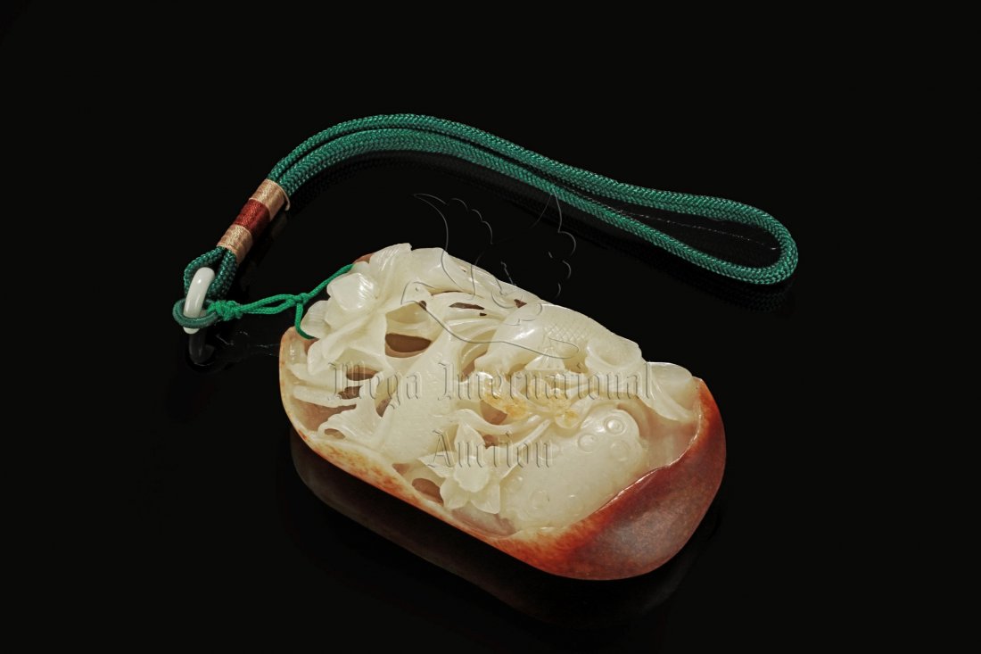 JADE OPENWORK CARVED 'CARP AND LOTUS' ORNAMENT (1 of 9)