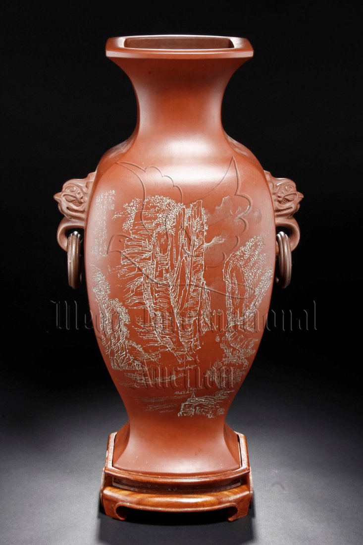 GU SHAOPEI: A YIXING RED CLAY VASE WITH LION RING (1 of 10)
