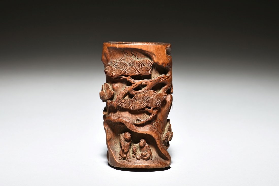 BAMBOO CARVED 'PINE TREES' BRUSH POT (1 of 6)
