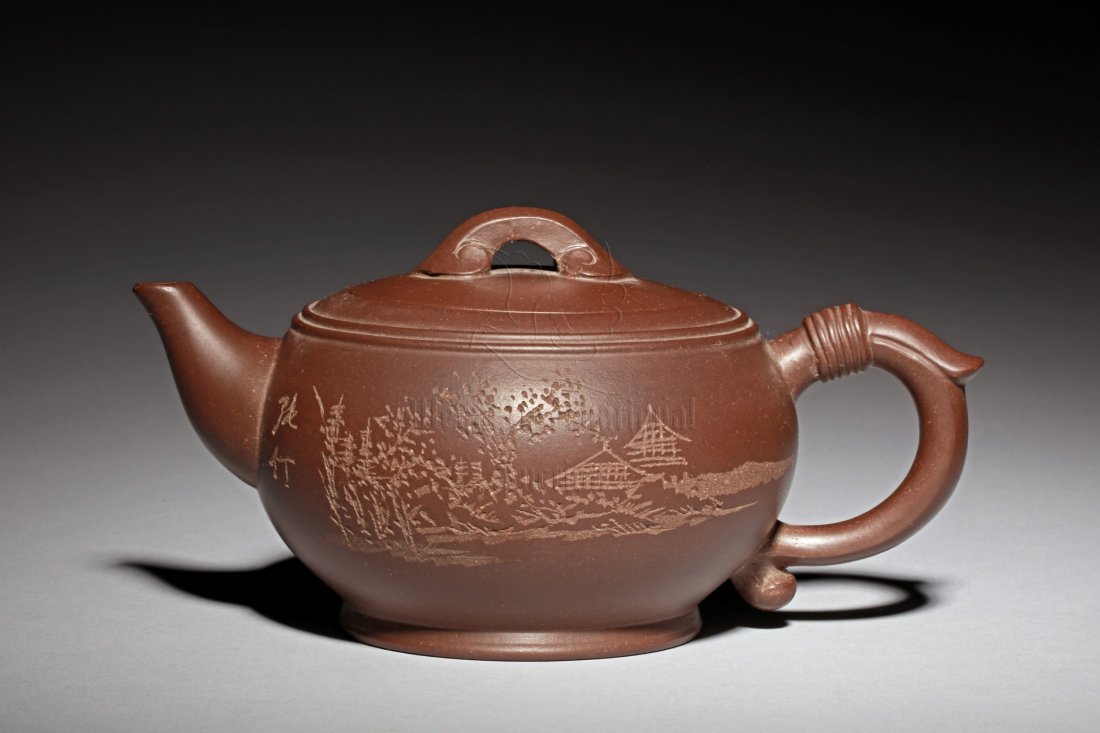YIXING ZISHA 'LANDSCAPE' TEAPOT (1 of 6)