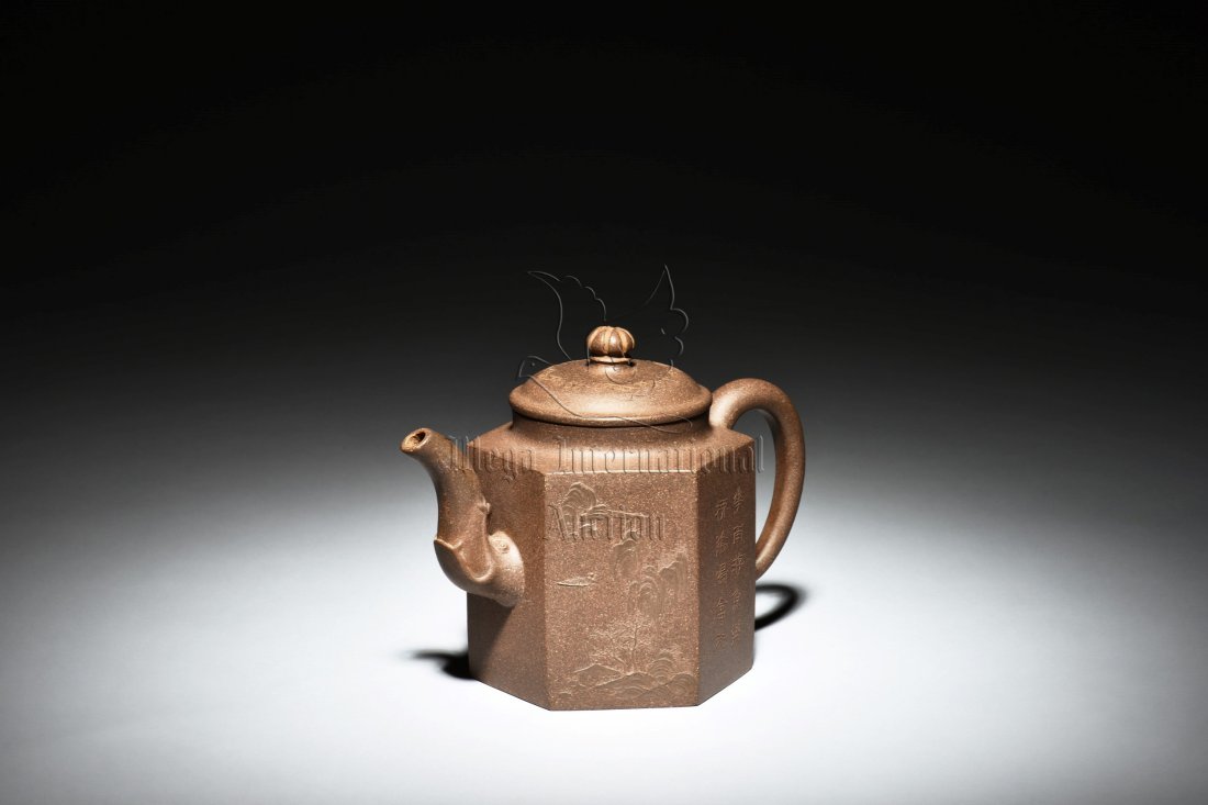 YIXING ZISHA TEAPOT 'LANDSCAPE AND CALLIGRAPHY' (1 of 6)