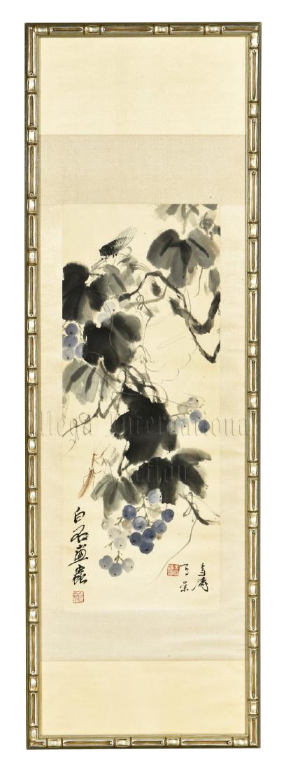 QI BAISHI AND WANG XUETAO: FRAMED INK AND COLOR ON: Ink and color on paper, framed. The painting depicts ripe hanging grapes amidst vines, artist signature and mark Qi Baishi on bottom left, Wang Xuetao on bottom right. Height: 27 in (68.6 cm) Width: 1