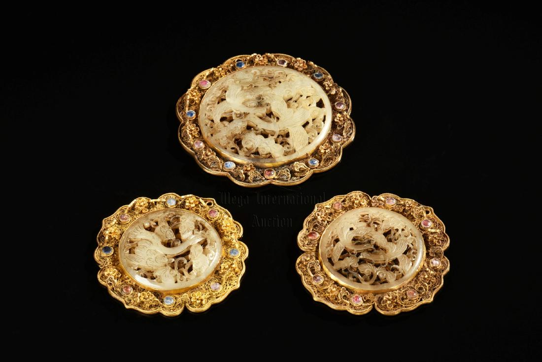 THREE JADE PLAQUE INSET FILIGREE PENDANTS (1 of 7)