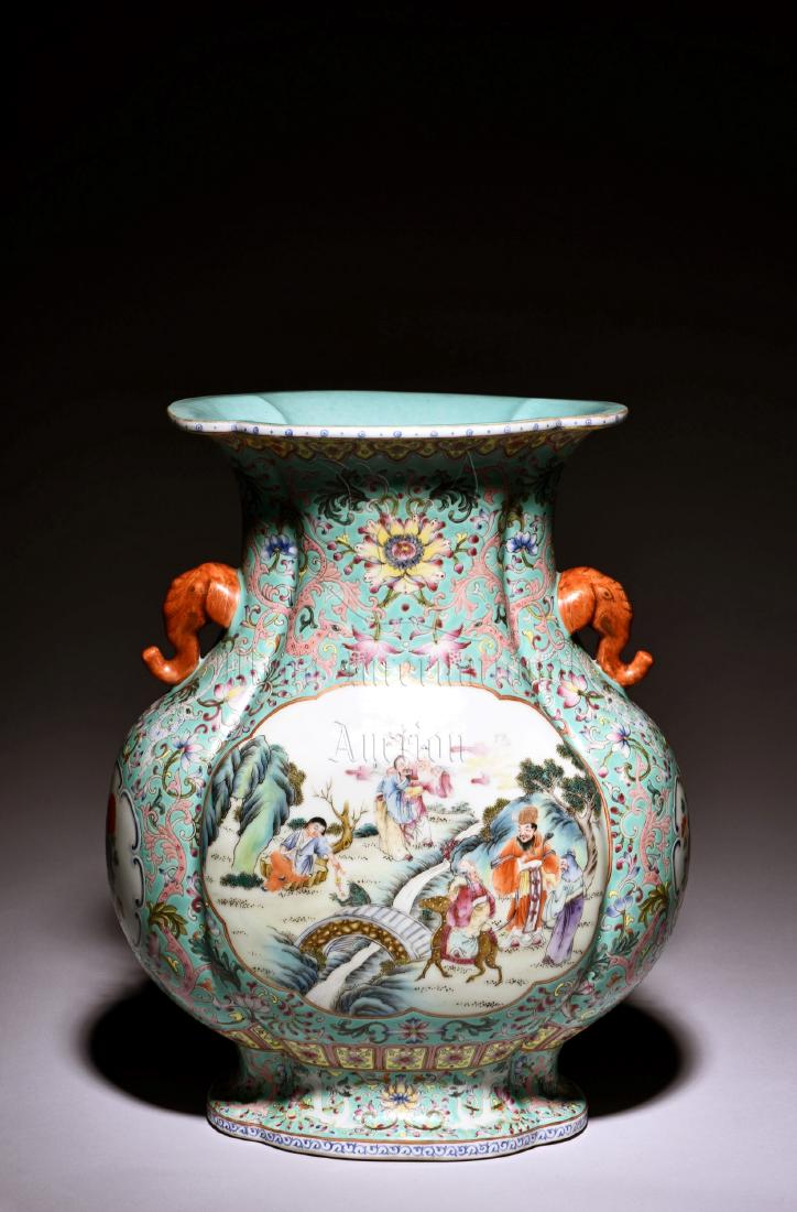 FAMILLE ROSE MELON FORM VASE WITH ELEPHANT HANDLES (1 of 9)