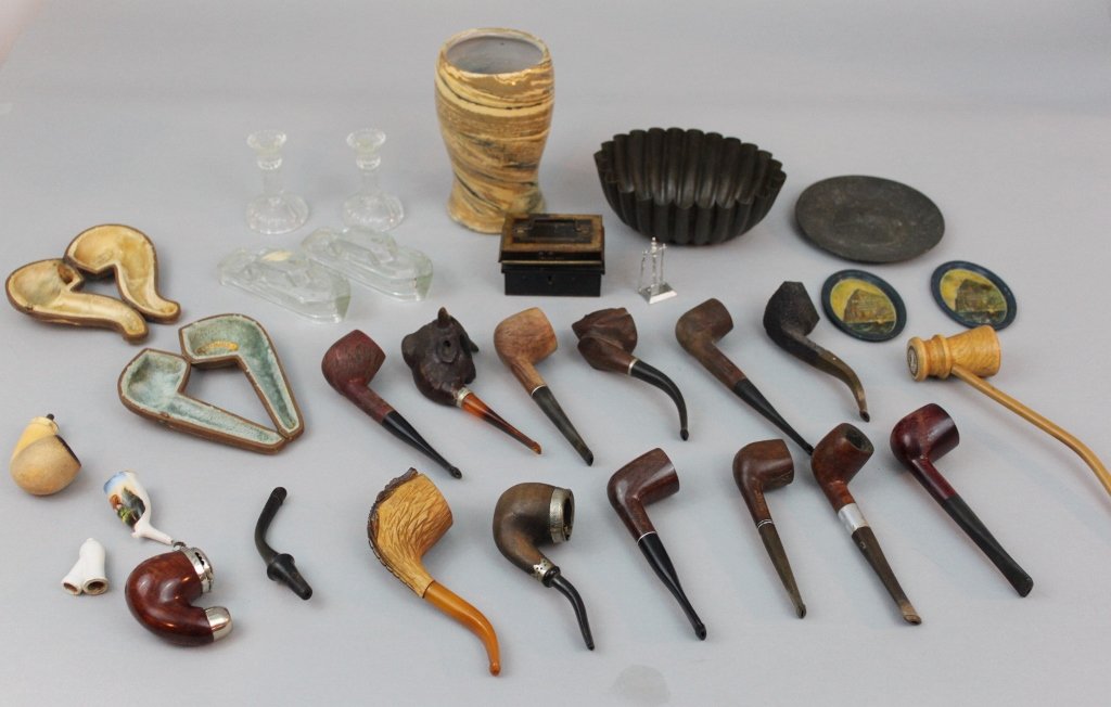 Estate Lot of Miscellaneous Collectibles: Estate Lot of Miscellaneous Collectibles, comprising a miniature pair of clear pressed glass candlesticks, an English tole lock box, a swirlware art pottery vase marked "E. Houghton & Co. - Dalton, Oh