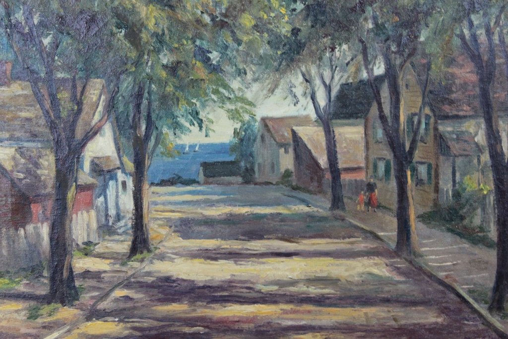 May Clinedinst Oil/Canvas Painting of Provincetown: May Clinedinst Oil/Canvas Painting of Provincetown May Spear Clinedinst (Massachusetts/New York, 1887-1960). Oil on Canvas painting depicting a classic Provincetown street scene. Signed lower right "M