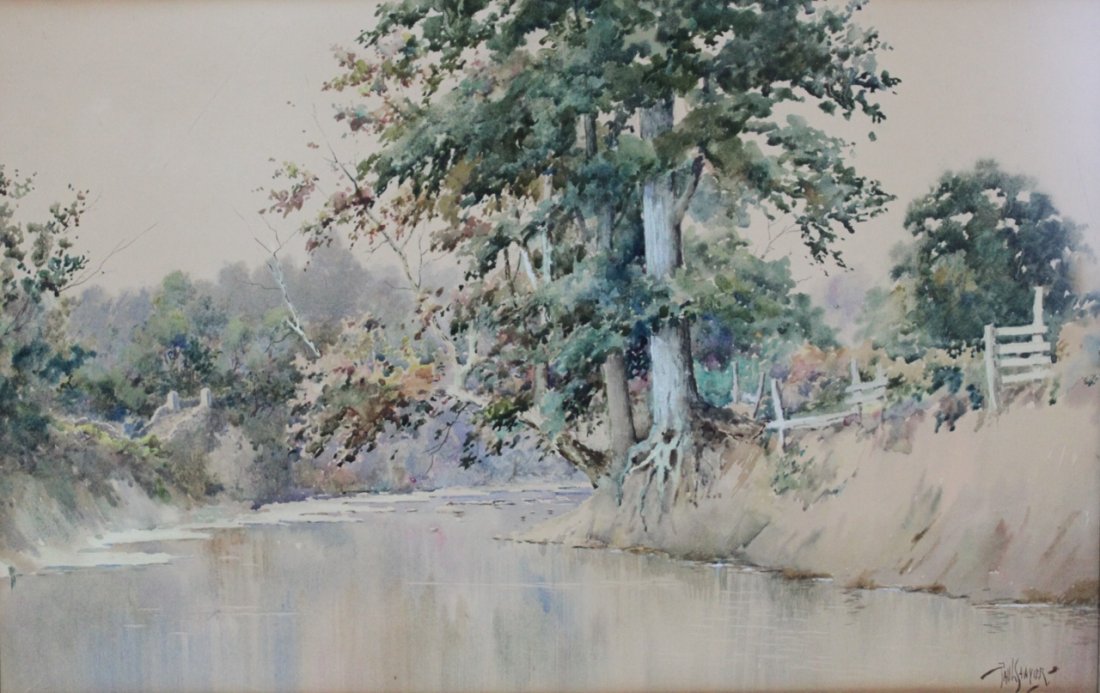 Paul Sawyier Watercolor Kentucky Creek Scene circa 1910: Paul Sawyier Watercolor Kentucky Creek Scene, circa 1910. Paul Sawyier (Kentucky/New York, 1865-1917). Watercolor on paper depicting a Kentucky Creek Scene. Signed lower right. Sight size: 11" tall; 1