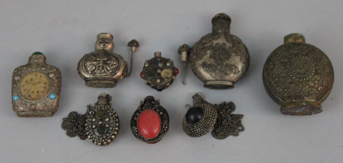 Estate Lot of 8 White Metal Asian Snuff Bottles, 20th C: Estate Lot of 8 White Metal Asian Snuff Bottles, 20th C