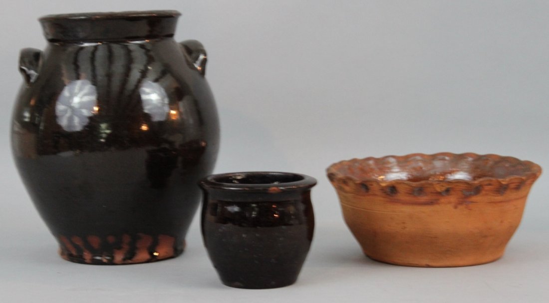 Lot of American Redware, including a signed Link Jar: Lot of American Redware, including a signed Link Jar, ovoid jar with manganese glaze (possibly New England), and crimped rim bowl (possibly Schofield), all 19th century, 9 1/4" tall (largest).