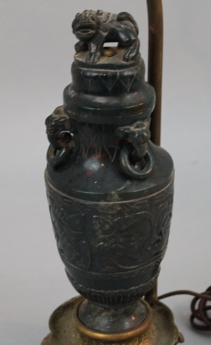 Antique Chinese Carved Jade Vase, mounted as a lamp: Antique Chinese Carved Jade Vase, mounted as a lamp, late 19th or early 20th century, 8 1/4" tall (jade vase and lid only).