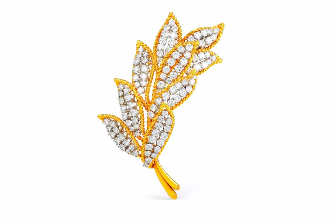 A Platinum, Gold, and Diamond Leaf Brooch (1 of 2)