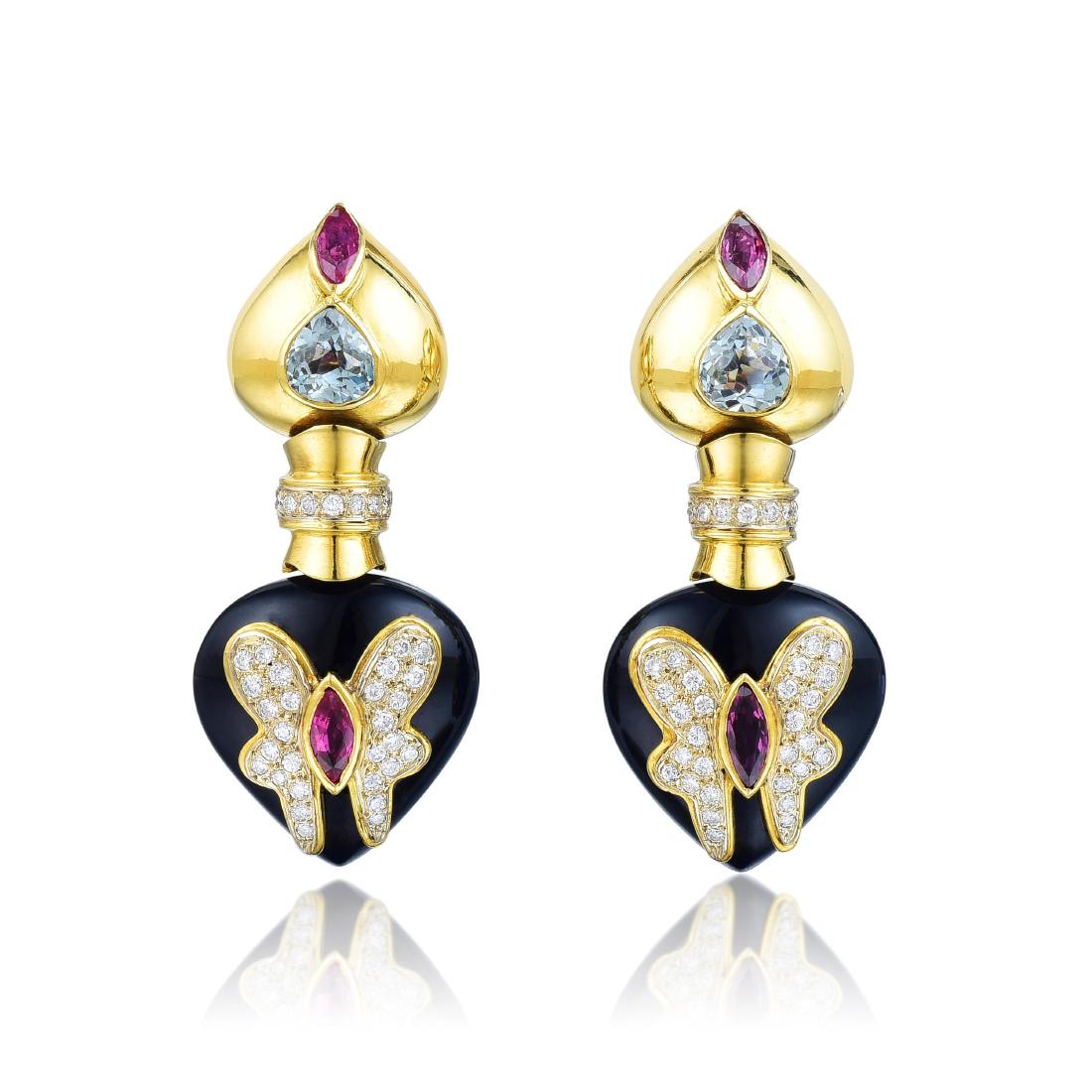 A Pair of Onyx, Aquamarine, Ruby and Diamond Earrings (1 of 2)