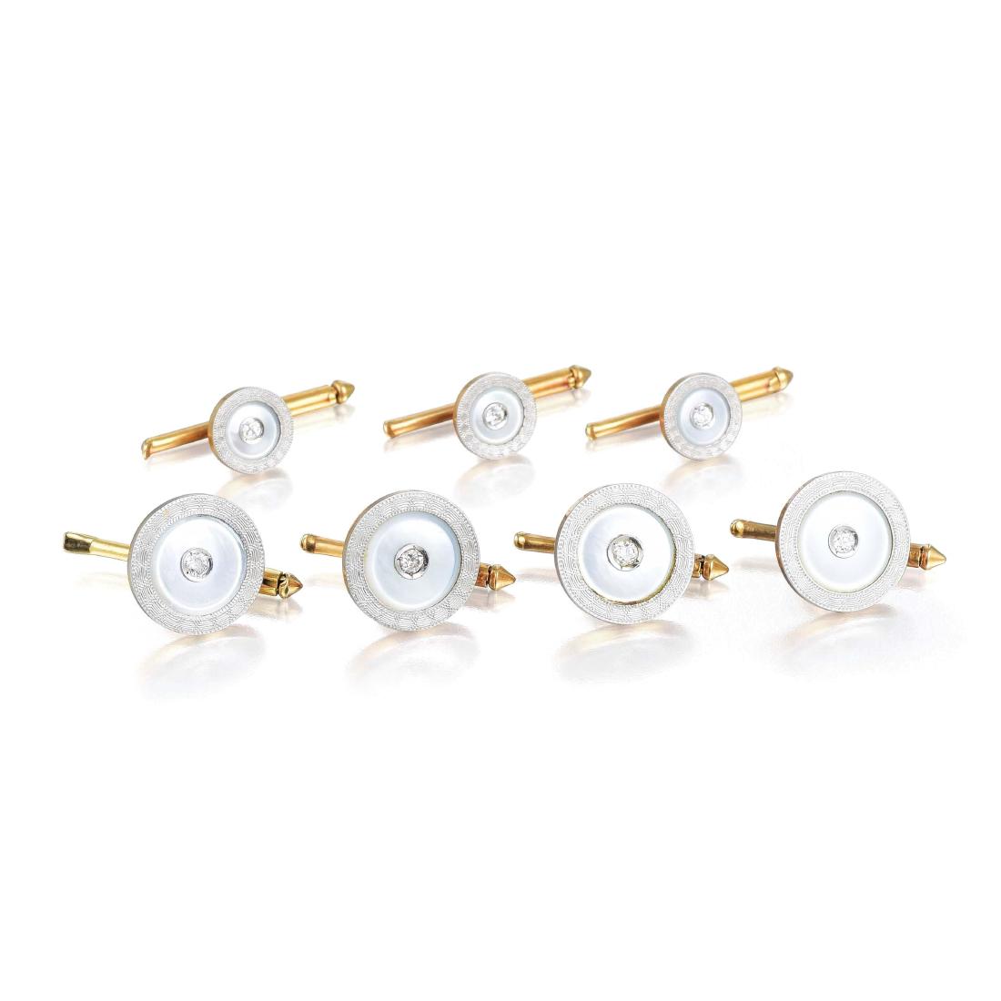 A Mother of Pearl and Diamond Cufflink and Stud Set (1 of 2)