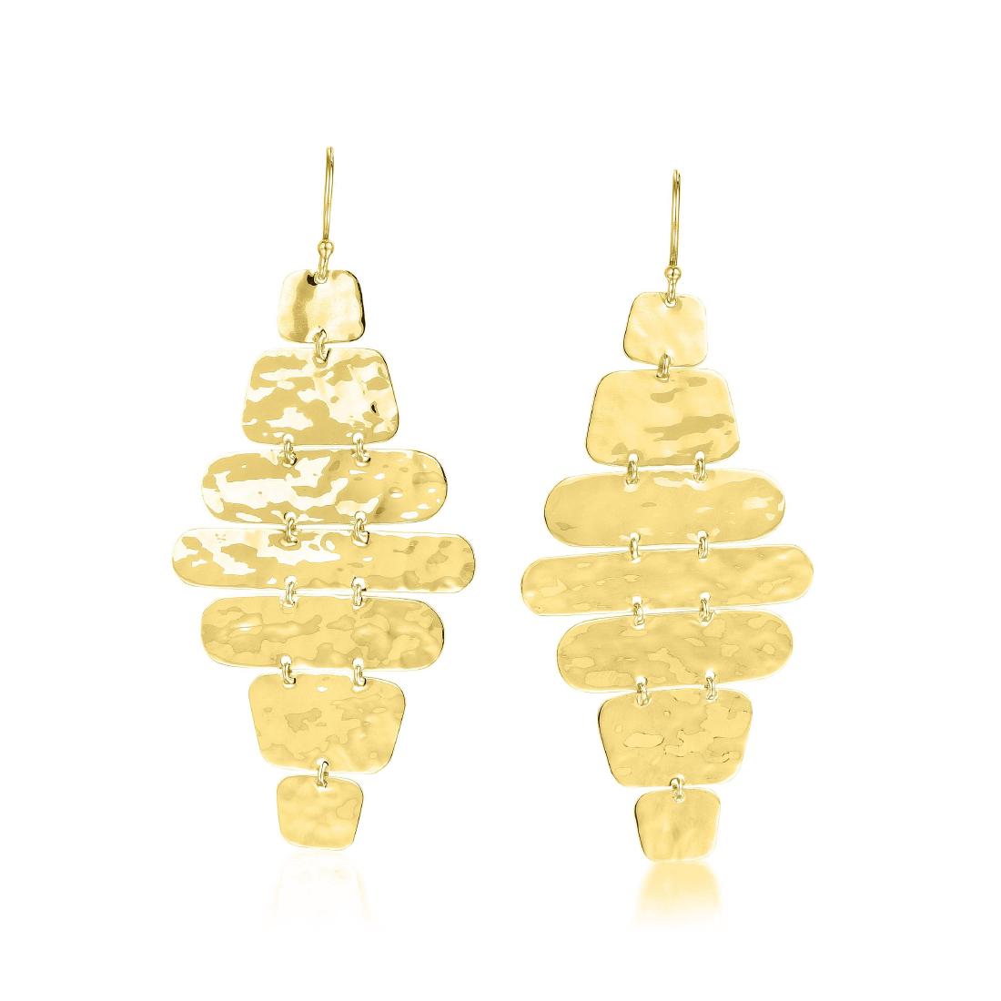 Ippolita Seven-Panel Gold Drop Earrings: Crafted out of 18K yellow gold, designed as a pair of earrings, each featuring seven articulated lightly-hammered gold panels; dimensions 2-3/4 x 1-1/4 inches; weight 8.0 g. Signed Ippolita; Stamped 1
