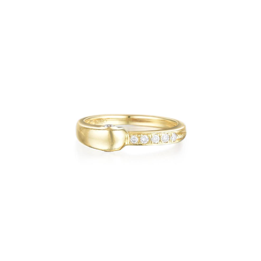 Celine Diamond Ring: Crafted out of 18K gold, of an asymmetric design, decorated with round brilliant-cut diamonds, weighing a total of approximately 0.20Â carats; ring size 7-3/8, width 5.1 mm; weight 4.4 g.Â Â Â�