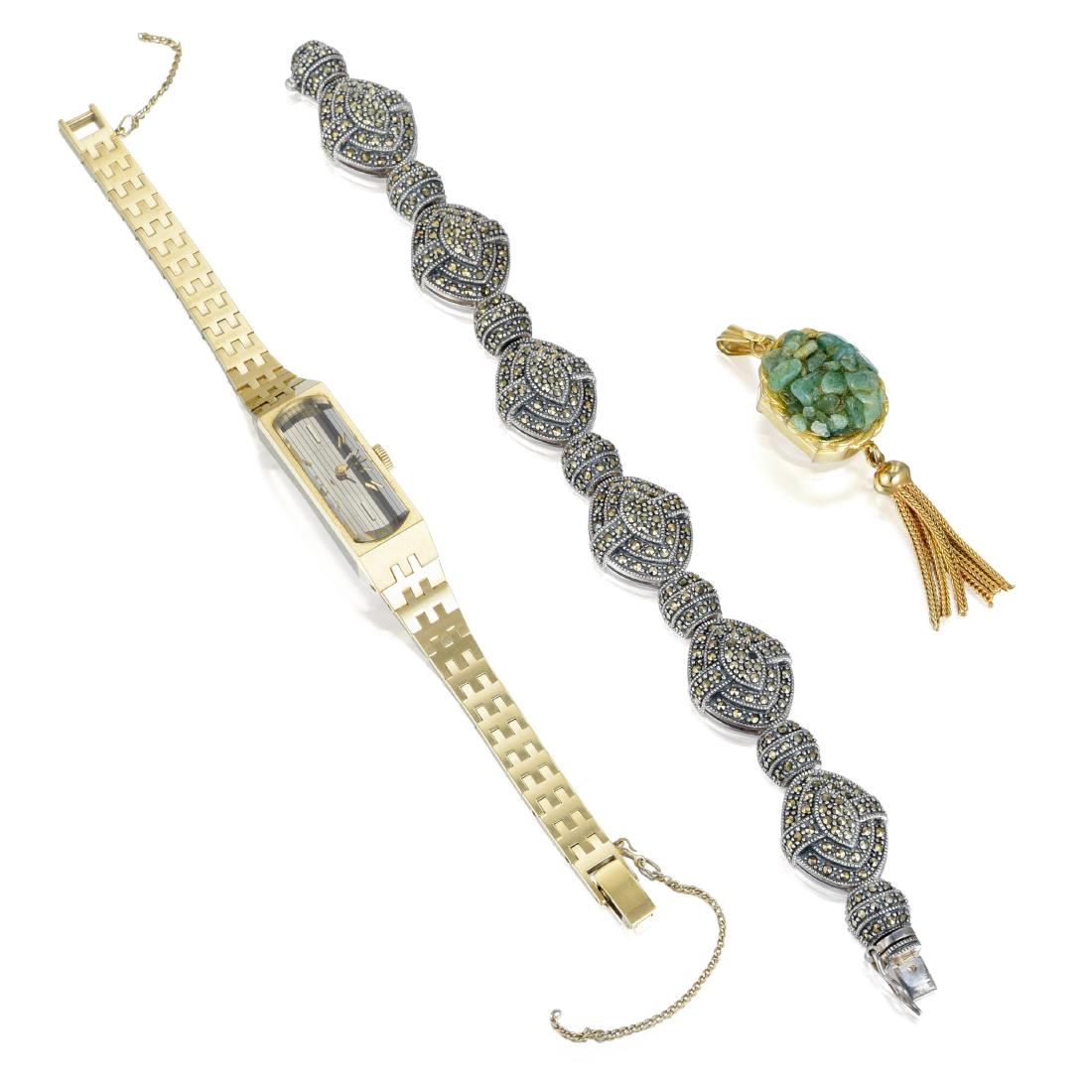 A Lot of Costume Jewelry: Comprised of a marcasite bracelet and two ladies watches. PROPERTY OF A MICHIGAN ESTATE