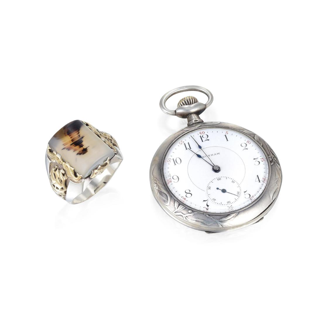 Gotham Silver Pocket Watch and Landscape Agate Ring: AÂ silver open case pocket watch, powered by a Swiss-made 15 jewel movement, circa 1890 - 1907 based upon the inside case hallmarks showing a 0.935 and single bear; the case back decorated with a tw