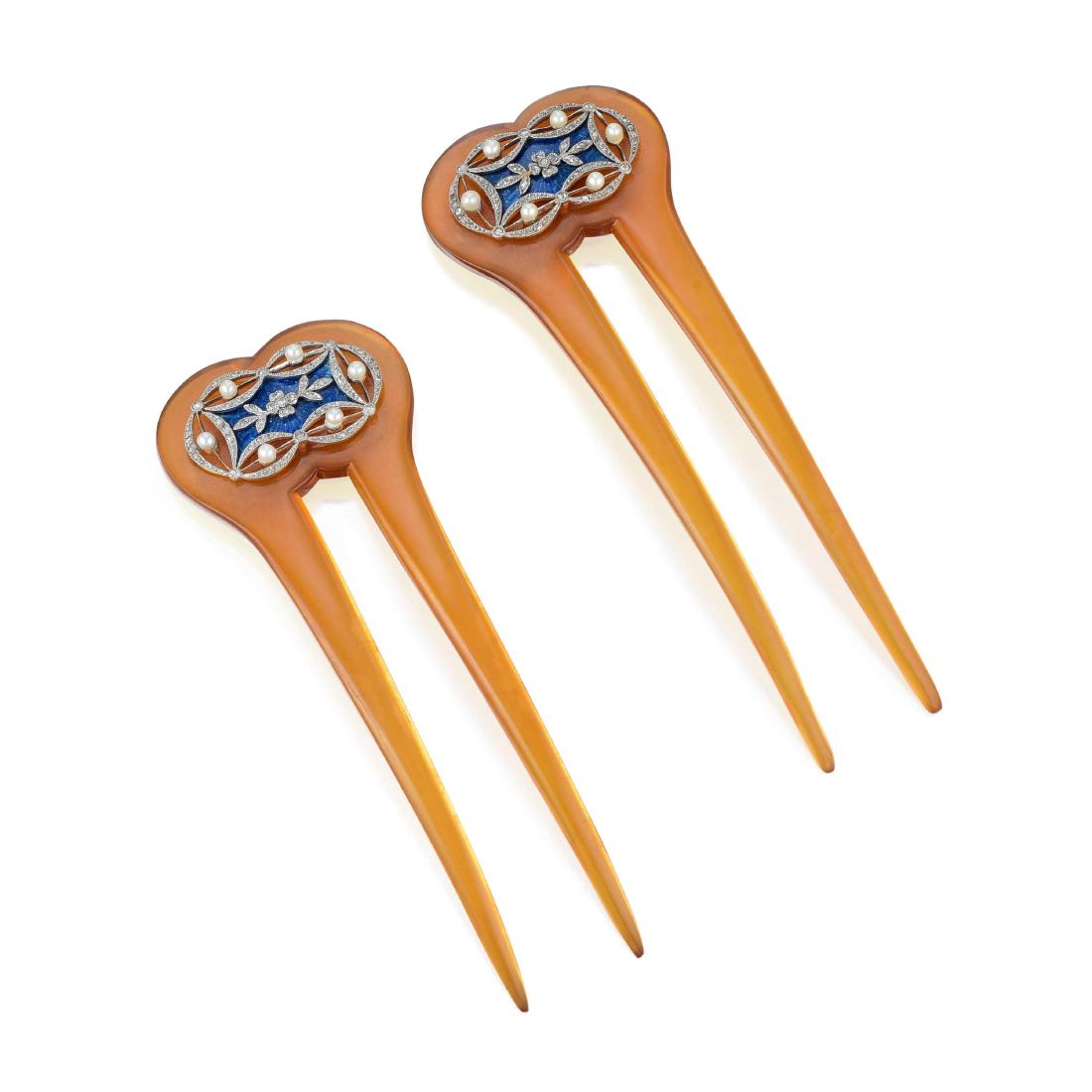 A Pair of Edwardian Tortoise Shell Diamond and Pearl (1 of 2)