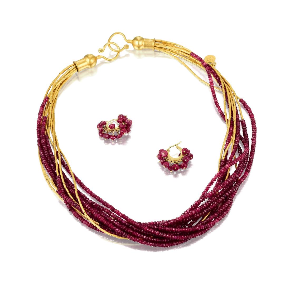 Gurman Gold and Ruby Bead Necklace and Earrings Set (1 of 4)