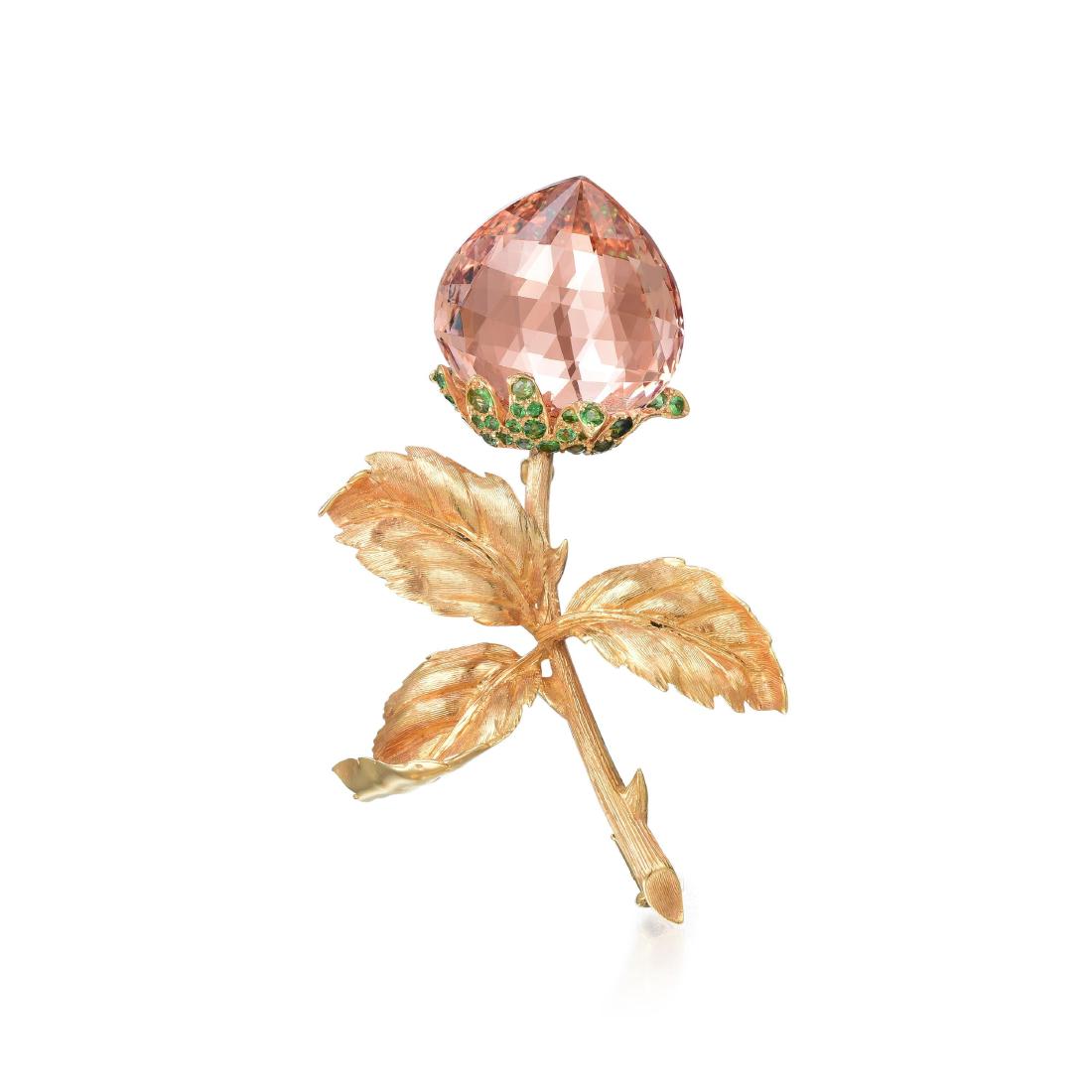 Donna Vock Morganite Gold Flower Pin: A large pear-shaped faceted morganite drop sits beautifully on round-cut tsavoriteÂ petals, to theÂ 18K rose gold textured stem and carved leaves, the morganite is of fine quality, with no visible