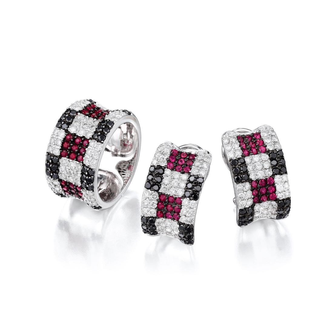 An 18K White Gold Diamond Ruby and Sapphire Set (1 of 2)