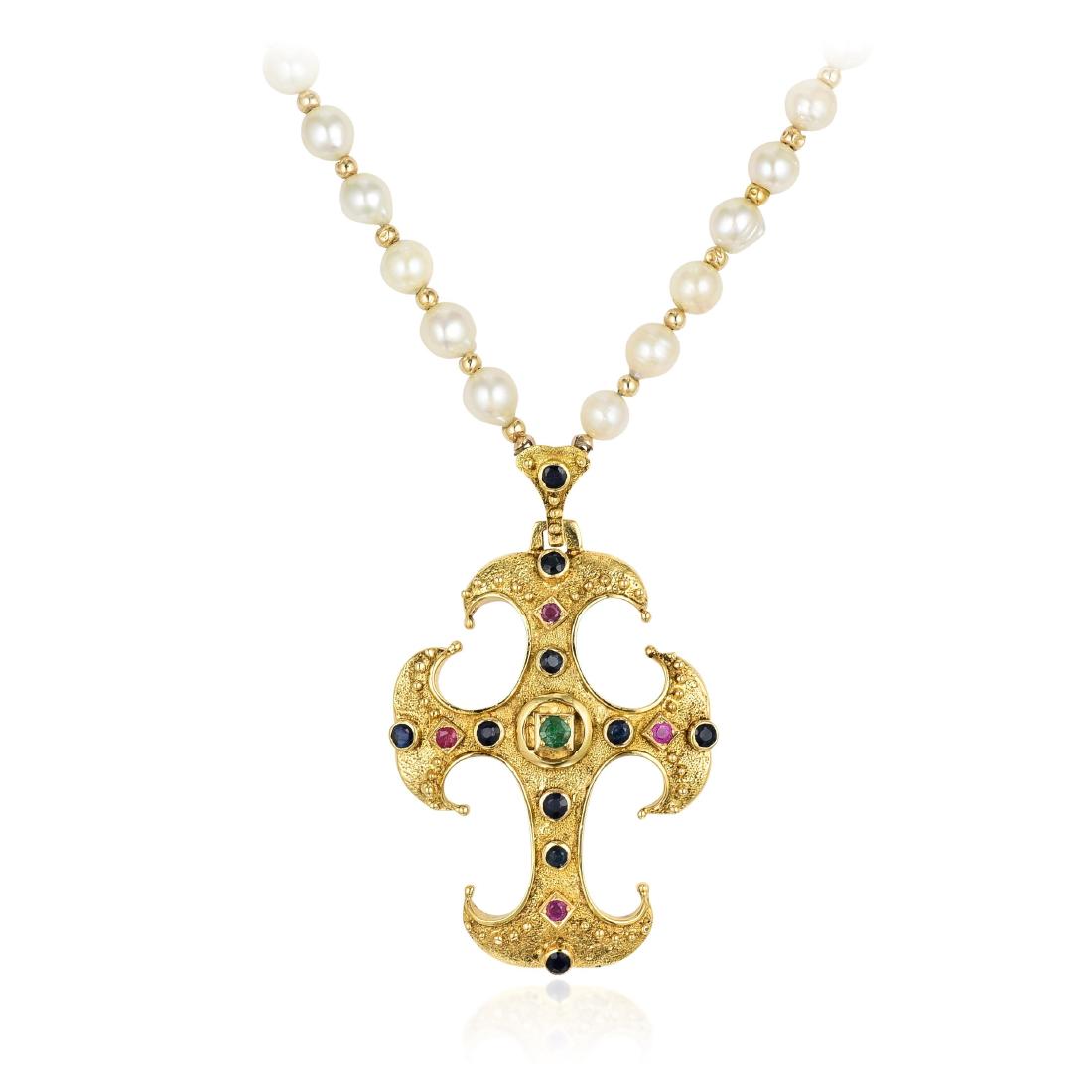 18K Gold, Cultured Pearl and Gemstone Necklace (1 of 3)